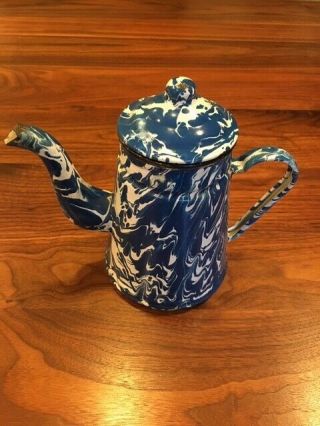 Vintage Blue Swirl Enamel Coffee Pot With Goose Neck Spout