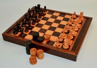 Antique Mahogany & Rosewood Chess Board & Ebony Staunton Chess Set C.  1870