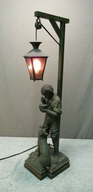 Par Rousseau French Figural Lamp - Antique Metal Bronze Dog Boy Sculpture