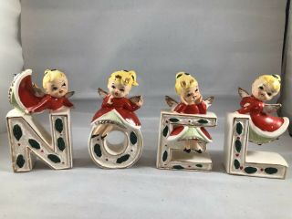 Vtg 50s Set Ceramic Christmas Noel Angel Figurines W/ Box Lefton Napco Era Japan