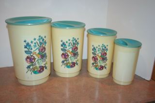 Vintage Retro Canister Set For Kitchen Cream Ivory Plastic Flowers Turquoise Lid