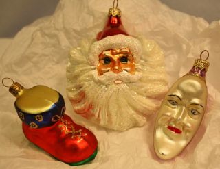 Radko Crescent Moon Face/santa Face /santa Boot Glass Christmas Ornament