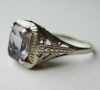 Vtg 14k White Gold Ostby & Barton Emerald Cut Amethyst Art Deco Gemstone Ring
