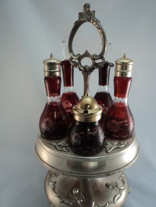 Antique Victorian Castor Cruet Set Ruby Cut To Clear 5 Bottle Matching Complete