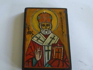 Vintage Hand Painted Tempera Wood Orthodox Icon St.  Nicholas