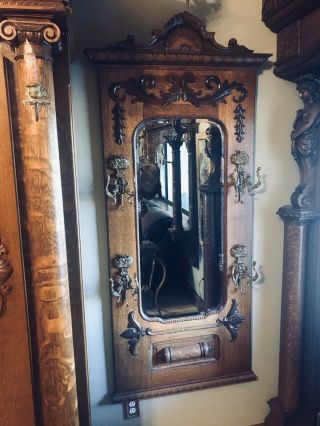 Antique Oak Wall Mount Coat Hat Rack W/ Beveled Mirror & Victorian Ornate Hooks