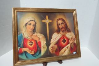 Vintage Prints Sacred Heart Of Jesus Immaculate Heart Of Mary In 14 " X 11 " Frame
