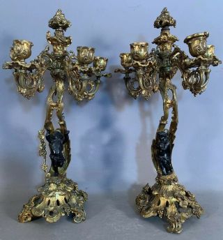 2 19thc Antique French Victorian Figural Brass Putti Statue Grapevine Candelabra
