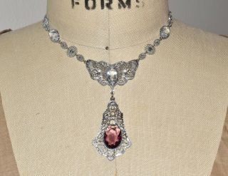 Vtg Art Deco Silver Filigree Amethyst Crystal Glass Rhinestone Drop Necklace