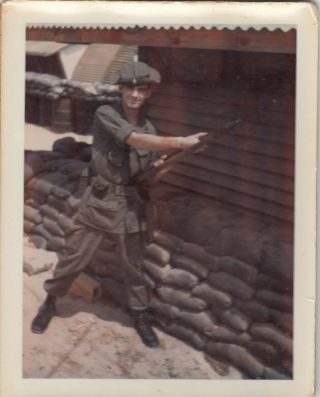 Vintage Polaroid Photo Vietnam Era Soldier Posing With Rifle Military War