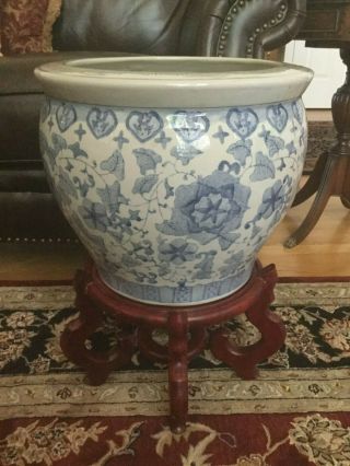 Asian Porcelain Hand Painted Blue & White Planter / Fish Bowl Jardiniere 14 " X12 "