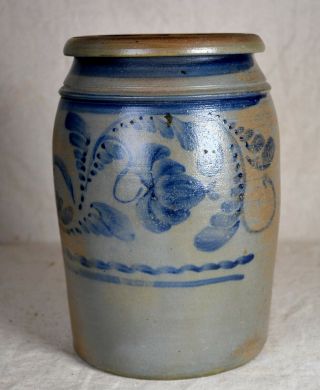Fabulous Antique Blue Floral Decorated Stoneware Storage Jar Crock 93/4 " Exc Nr