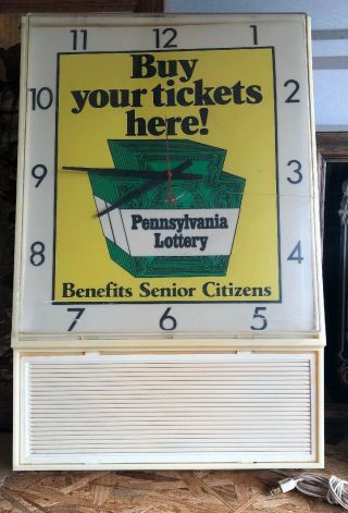 Vintage Pennsylvania Lottery Light Up Clock & Sign Buy Your Tickets Here 26”x16