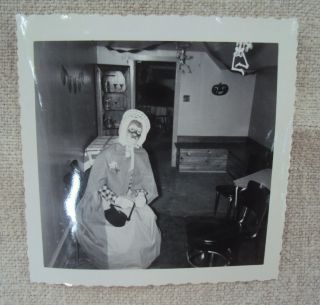 Halloween Child In Old Woman Costume Black & White Photo 1950s D