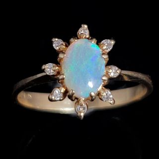 Estate Opal Diamond 14k Yellow Gold Ring Halo Vintage Jewelry Gift Pinfire