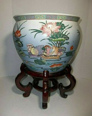 Vintage Chinese Porcelain Fish Bowl Planter Jardiniere Wood Stand 13 " Koi
