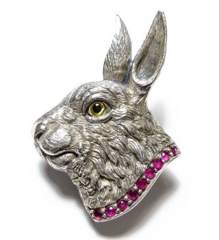Stunning Vintage Or Modern Silver Hare Brooch / Pendant Set With Rubies
