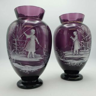 Large Mary Gregory Enameled Amethyst Purple Glass Vases 8 " Tall