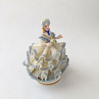 Mv Ireland Dresden Porcelain Figurine,  Lady With Blue And White Lace Dress