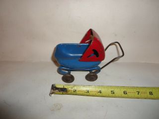 Antique Toy 1920’s Metal Pressed Steel Red Blue Baby Carriage Buggy Wood Wheels