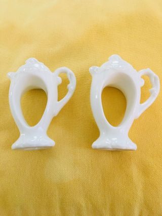 Pair White Porcelain Teapot Shaped Napkin Rings Table Accessory 3.  5”