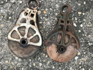 Two Antique/vintage Cast Iron And Wood Pulleys Ornate Primitive Rustic Decor