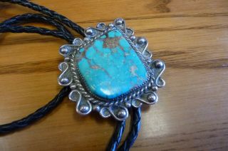 Vintage Navajo Bolo Tie Sterling Silver And Large Turquoise Stone Old Pawn