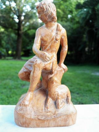 Young King David Israel Olive Wood Hand - Carved Statue Seated With Lamb