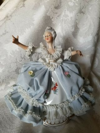 Rare Vintage Dresden Lace Seated Lady In Blue Western Germany