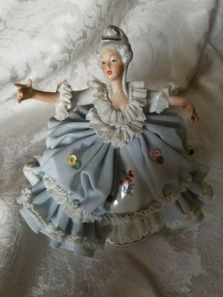 Rare Vintage Dresden Lace Seated Lady in Blue Western Germany 2