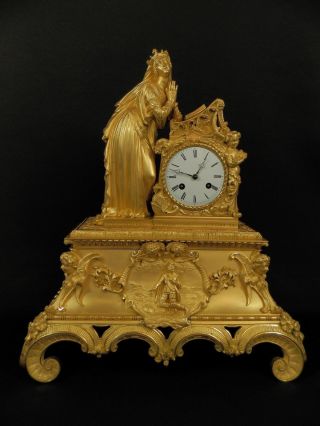 Antique French Louis Philippe Gilt Bronze Figural Clock With Nobel Lady C1840