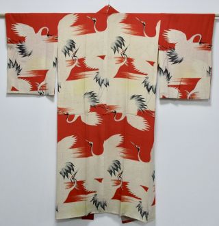 Japanese Kimono Silk Antique Juban / Crane / Rare / Vintage Silk Fabric /116