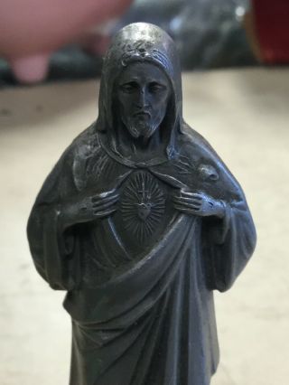 Vintage Pewter Jesus Sacred Heart Figurine On Wooden Base 4 " H
