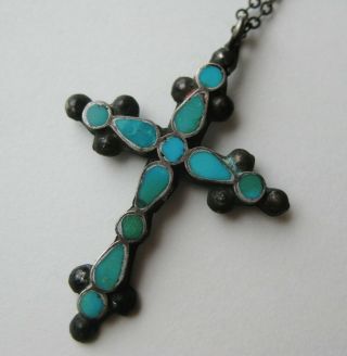 Vintage Zuni Indian Sterling Silver Turquoise Cross Necklace Pendant & Chain