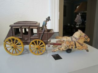 Antique Vintage Cast Iron Horse - Drawn Stage Coach Metal Toy With Cowboy Driver