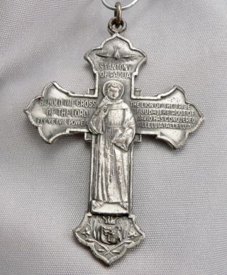 Vintage Saint Anthony St.  Francis Large Cross Religious Medal Pendant Silvertone