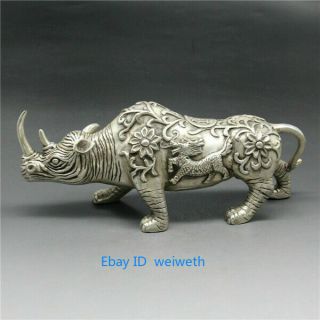 10 " Chinese Tibetan Silver Kylin Unicorn Flower Rhino Rhinoceros Statue