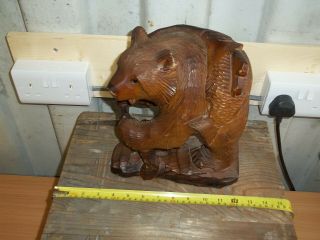 Large Vintage Japanese Hand Made Carved Wood Black Forest Style Bear Salmon