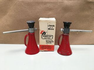 2 Vintage Red Jack In A Box Miniature Simplex Screw Jacks 1 W/ Box