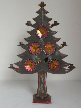 Vintage Mexican Tin Christmas Tree Candle Holder Painted 18 1/2 " Tall
