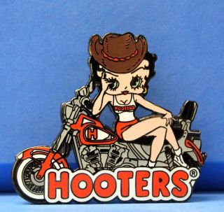 Hooters Betty Boop On A Motorcycle With Brown Cowboy Hat Lapel Pin