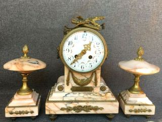 Antique Louis Xvi French Clock Bronze Marble 19th Century With Vases Fireplace
