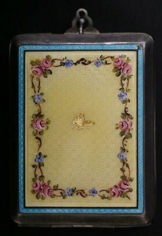 Vintage Sterling Silver Guilloche Enamel Butterfly & Flowers Compact Pocket Box