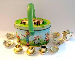 Vintage Shackman Metal Toy Tin W/ Handle & Mini Tea Set Kate Greenway Images