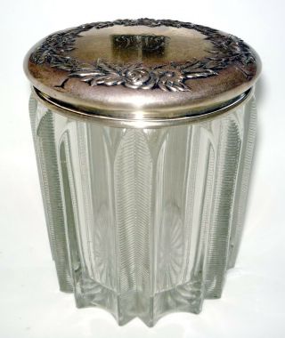 Vtg S.  Kirk & Sons Repousse Sterling Silver Lid With Pressed & Ribbed Glass Jar