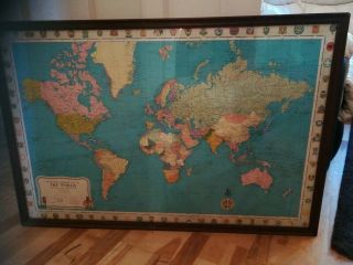 Large Vintage Framed Stanford`s General Map Of The World On Mercators Projection