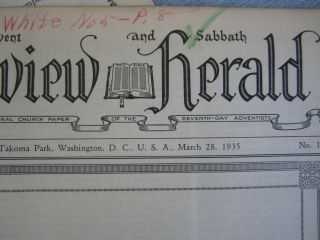 Seventh - Day Adventist Review & Herald Vintage 7th Sda Church Newspaper 3 - 1935