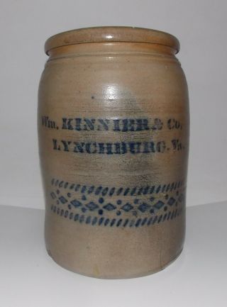Antique American Blue Decorated Stoneware Crock - " Wm.  Kinnier & Co - Lynchburg,  Va "