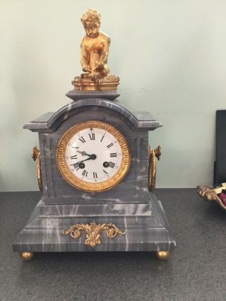 Antique French Grey Marble Clock With Gilt Bronze Figurine,  Early 20 C.