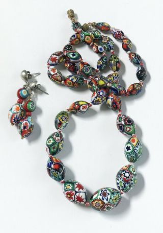 Vintage Venetian Murano Millefiori Moretti Graduated Beads Necklace Earrings Set